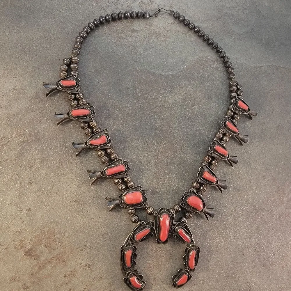 Vintage Navajo 1960's Red Coral Squash Blossom Necklace - Picture 3 of 11